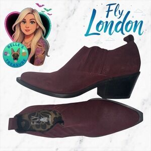 Fly London Women Bootie 6-6.5 Us Burgundy Suede Ankle Snip Toe Heeled Boot